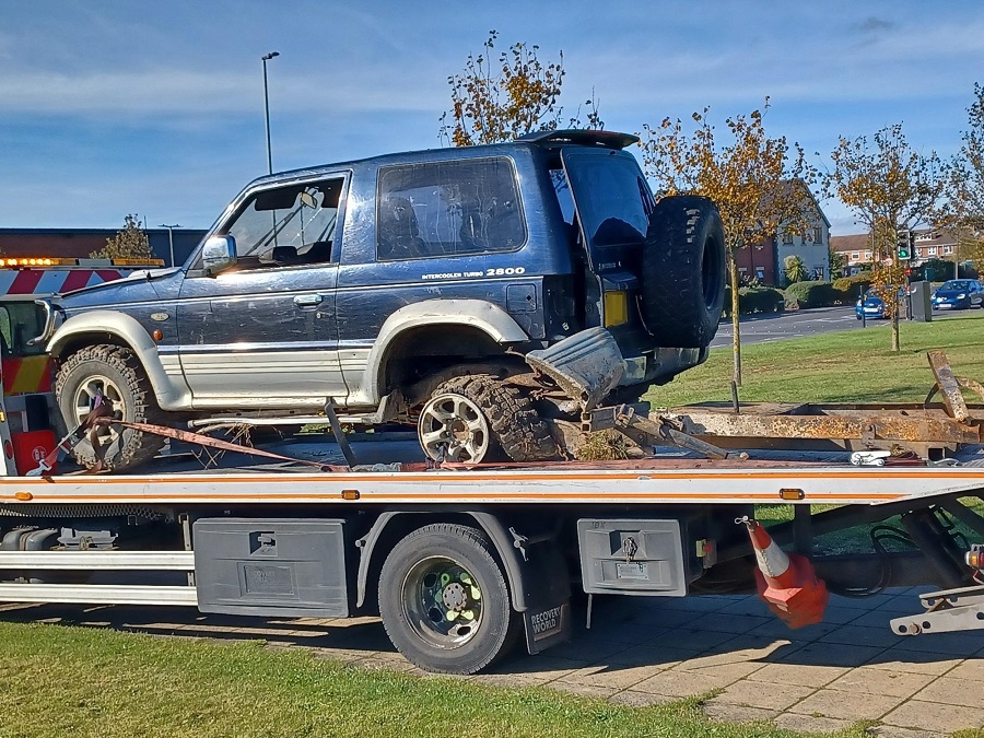 Neighbourhood officers in Hartlepool seized this vehicle which is believed to have been involved in a collision before being dumped on wasteland.