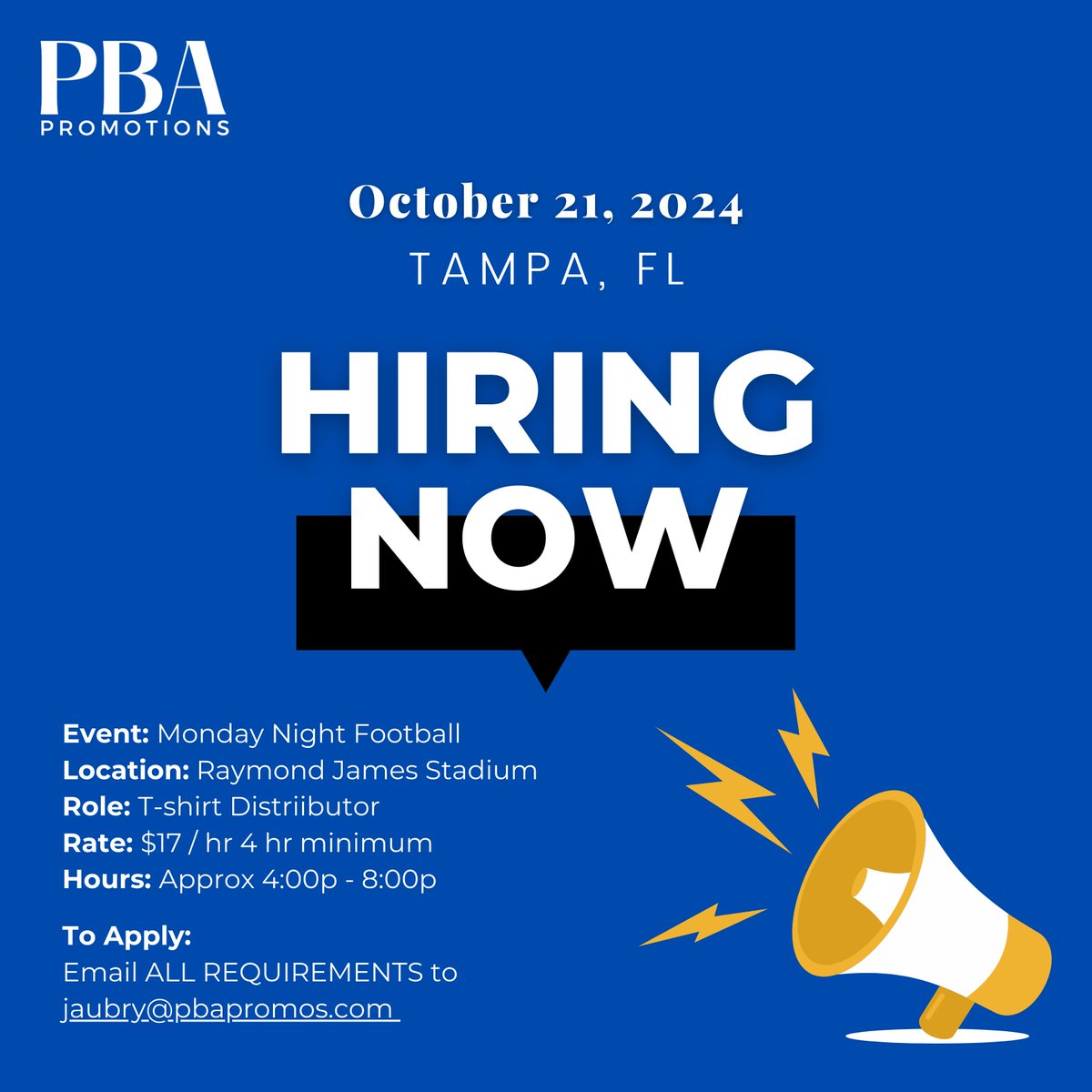 PBApromos's tweet photo. If interested, please email jaubry@pbapromos.com ASAP with your name, phone number, and email address. Details for full application will be sent immediately. https://t.co/vuAAO0vjLl