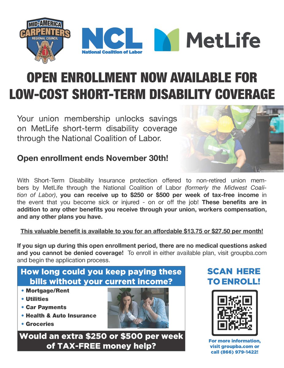 MidAmCarpenters's tweet image. The annual Open Enrollment period for the National Coalition of Labor’s Life (formerly the MCL), AD&amp;amp;D, and Short-Term Disability products began today, and will remain open until November 30th. Act fast to take advantage of this fantastic benefit!
#UnionProud #MACRC