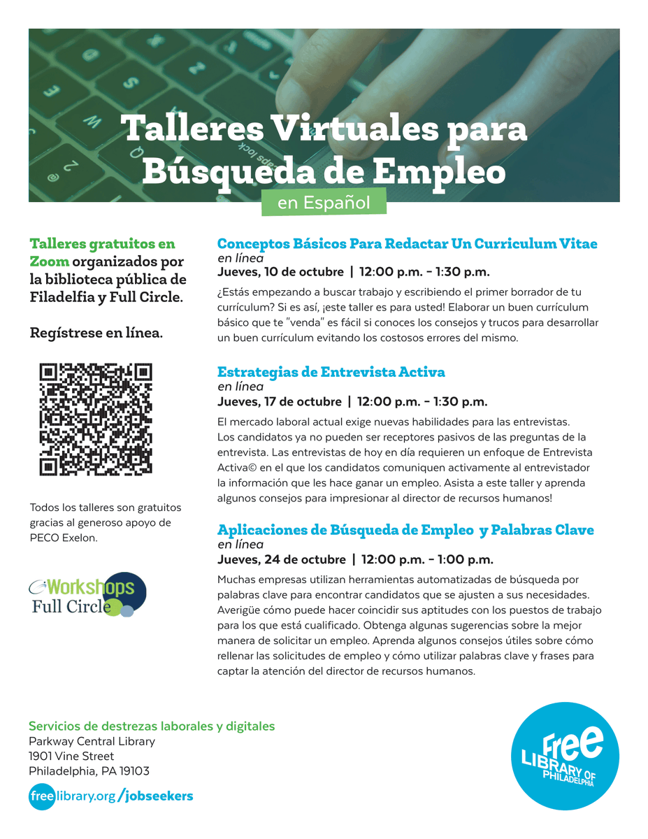 FreeLibrary's tweet photo. Este otoño, el Centro de Recursos Empresariales e Innovación (BRIC) de la Biblioteca Pública organizará talleres informativos en inglés y español para profesionales y personas en busca de empleo. ¡Use el código que aparece en el folleto para inscribirse en una clase hoy mismo! https://t.co/JrYoipseRE