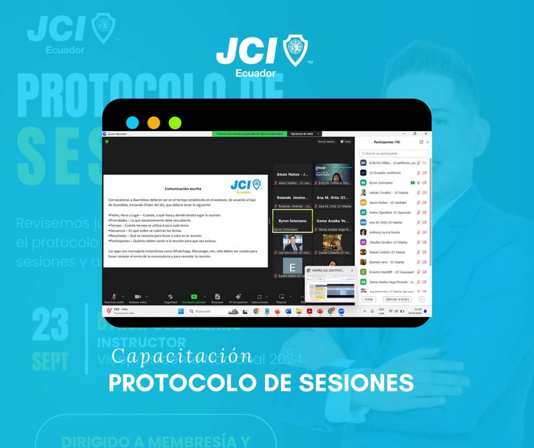 📌 CAPACITACIÓN NACIONAL 

Cerramos con nuestra capacitación: protocolo de sesiones, agradecemos a nuestro Vicepresidente Nacional Byron Solorzano por esta importante capacitación. 

Sigamos formándonos, sigamos marcando la diferencia. 

#JCIEcuador #JCI #MarcandoLaDiferencia