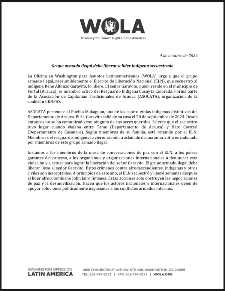 Grupo armado ilegal debe liberar a secuestrado #ReneGaravito líder indígena <a href="/CENPAZ_/">CENPAZ Coordinación Étnica Nacional de Paz</a> <a href="/conpicolombia/">CONPI Coordinación Nacional de Pueblos Indígenas</a> y #ASOCATA 

Illegal Armed Group Must Release Kidnapped Indigenous Leader 

Gracias  <a href="/WOLA_org/">WOLA</a> por hacer visible alerta humanitaria 
<a href="/DelegacionEln/">Delegación ELN</a> <a href="/DelegacionGob/">Delegación de Paz del Gobierno de Colombia</a> <a href="/IvanCepedaCast/">Iván Cepeda Castro</a>