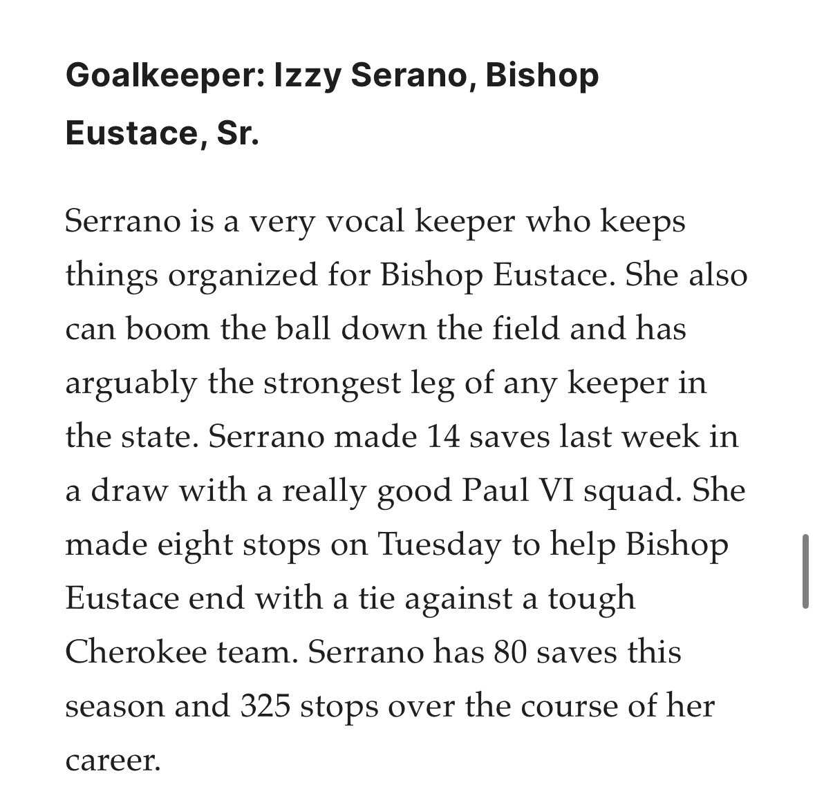 BEPGirlsSoccer's tweet photo. Izzy Serano with the shoutout as goalkeeper of the week for the Olympic Conference! https://t.co/m69XMfCqqn