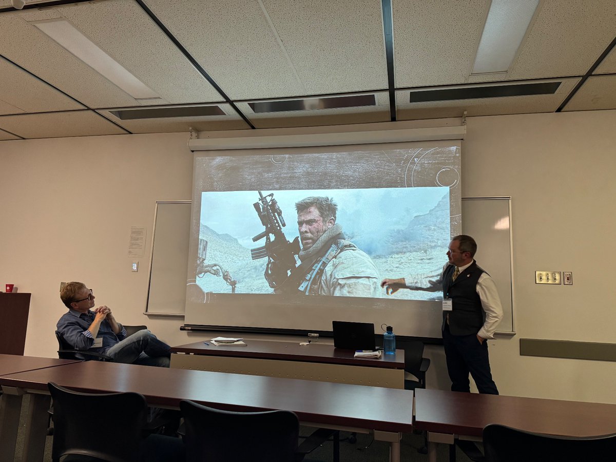 CAASCanada's tweet photo. Bradley Clissold (Memorial) and Francis Langlois (Trois-Rivières, UQAM) consider Chris Hemsworth and US gun culture #CAAS2024 https://t.co/34afZsbdia