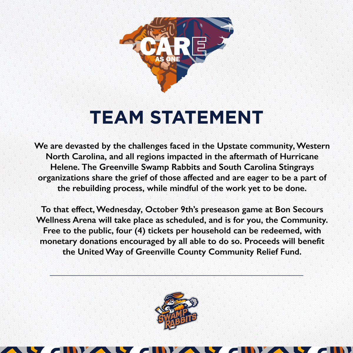Greenville Swamp Rabbits (@swamprabbits) on Twitter photo Update to Wednesday's preseason game. Privileged to stand with <a href="/UWGreenvilleSC/">United Way of Greenville County</a> , <a href="/SCStingrays/">South Carolina Stingrays</a>.
Link to more: shorturl.at/JfcnQ
Link to support: shorturl.at/iTnVy Update to Wednesday's preseason game. Privileged to stand with <a href="/UWGreenvilleSC/">United Way of Greenville County</a> , <a href="/SCStingrays/">South Carolina Stingrays</a>.
Link to more: shorturl.at/JfcnQ
Link to support: shorturl.at/iTnVy