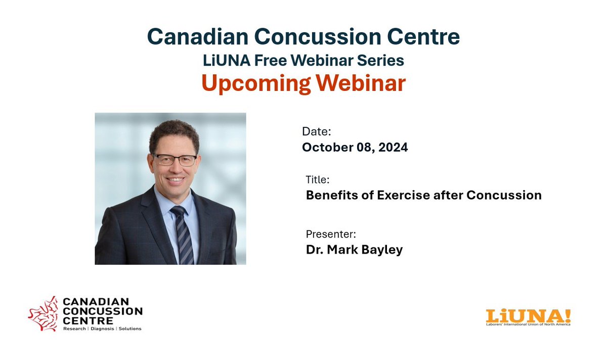 Canadian Concussion Centre (@uhnconcussions) on Twitter photo Join us on Tuesday for our webinar.
<a href="/DocMarkBayley/">Mark Bayley</a>
will be talking about "Benefits of Exercise after Concussion". Don’t miss out—register now via the link below! events.myconferencesuite.com/Canadian_Concu… Join us on Tuesday for our webinar.
<a href="/DocMarkBayley/">Mark Bayley</a>
will be talking about "Benefits of Exercise after Concussion". Don’t miss out—register now via the link below! events.myconferencesuite.com/Canadian_Concu…
