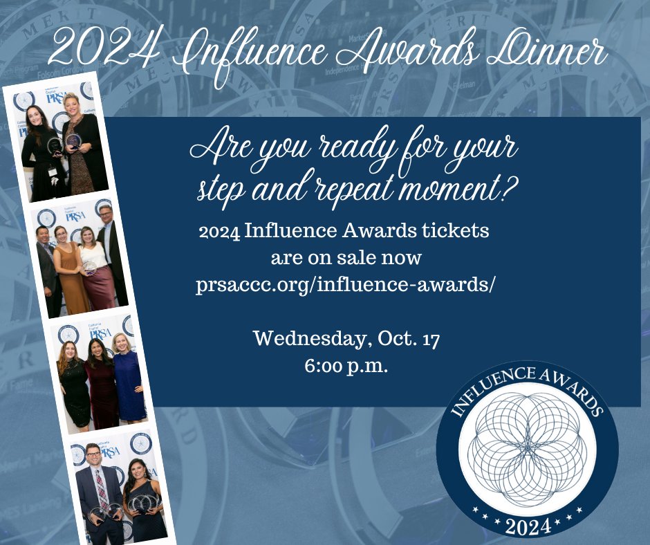 ⏳ Can you believe the 2024 PRSA Influence Awards are less than a month away?! 

Join us on October 17 for an unforgettable evening of connection, recognition, and celebration! 🎟️ Tickets on sale through October 9 or until we sell out—so get yours now! #PRSACCC