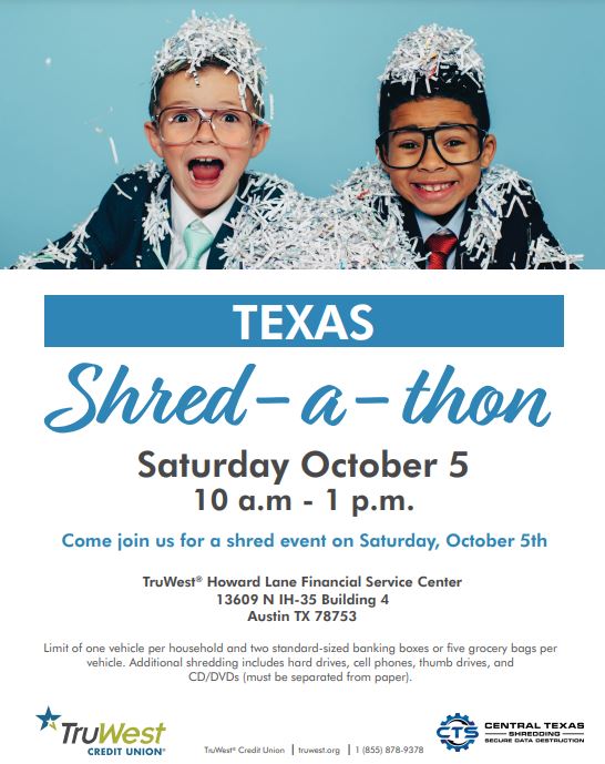 TruWestCU's tweet image. Hey, Texas! Don't forget to join us for our community #shredevent tomorrow!
#TruWestCU #shredding #centraltexasshredding #shredsafe