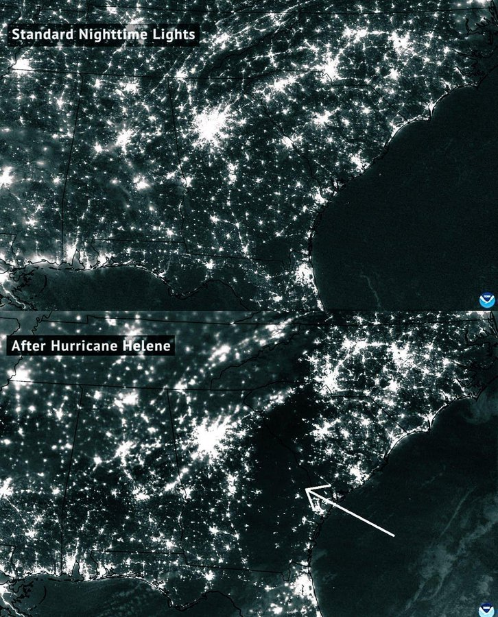<a href="/elonmusk/">Elon Musk</a> NOAA nighttime satellite imagery shows the scope of destruction caused by Hurricane Helene.

Over 600,000 people remain without power more than a week later.