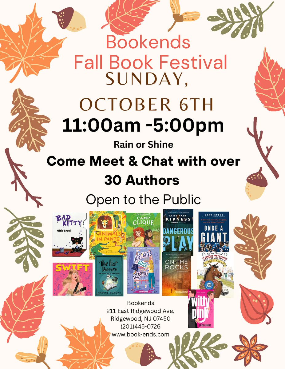Artie Bennett (@artiebennett) on Twitter photo Book it down to Bookends in Ridgewood, NJ, this Sunday, Oct. 6, 11-5 pm, for the Bookends Fall Book Festival! Many of your favorite kids' authors will be there. And while you're there, do snap up a signed copy of THE TRUE STORY OF ZIPPY CHIPPY or a BUTT BOOK or two! <a href="/BookendsNJ/">Bookends, Ridgewood</a> Book it down to Bookends in Ridgewood, NJ, this Sunday, Oct. 6, 11-5 pm, for the Bookends Fall Book Festival! Many of your favorite kids' authors will be there. And while you're there, do snap up a signed copy of THE TRUE STORY OF ZIPPY CHIPPY or a BUTT BOOK or two! <a href="/BookendsNJ/">Bookends, Ridgewood</a>