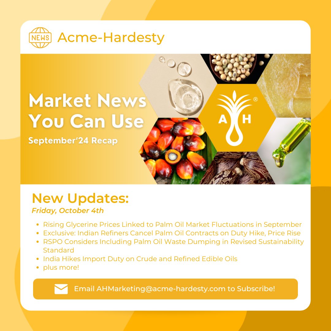 🍂 Embrace the season of change and stay ahead!
✉️ Email ahmarketing@acme-hardesty.com to get your personal copy.

#marketnewsyoucanuse #mnycu #trackingtrendssoyoudonthaveto #clearlycommodities #acmehardesty #commodities #oleochemicals #castoroil #palmoil #sustainable
