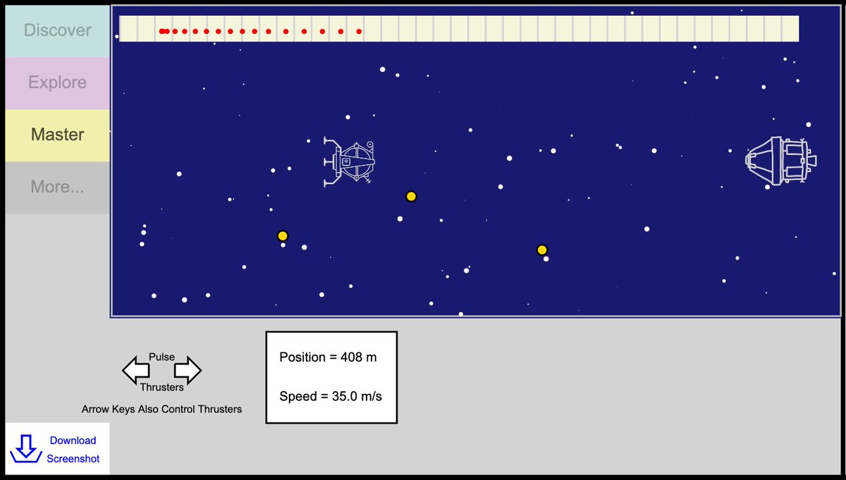 This interactive was inspired by my friend mrmont.com 's "Dock the Rocket".  If I were still teaching physics, I would use for Kinematics and Newton's Laws lessons.  Hope you give it a try, and share the link with anyone who might use it!  scienceoftech.net/phy/rocket-dot…