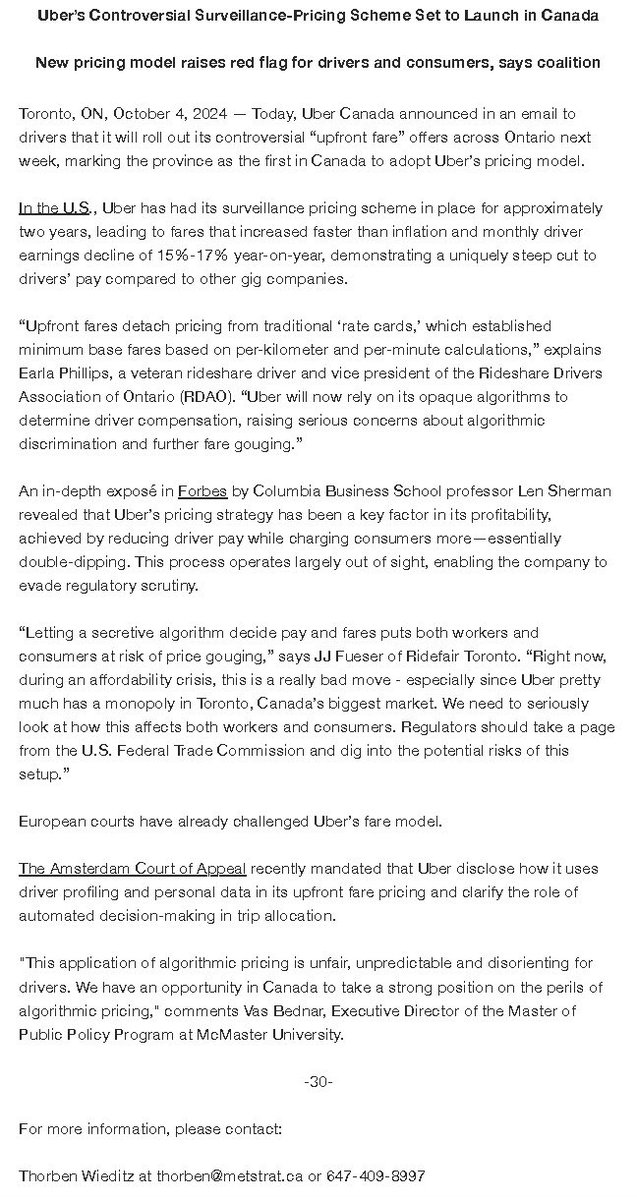 BREAKING

Uber’s Controversial Surveillance-Pricing Scheme Set to Launch in Canada
 
New pricing model raises red flag for drivers and consumers, says coalition
 
Toronto, ON, October 4, 2024 - Today, #Uber Canada announced in an email to drivers … 

#Cdnpoli #surveillance #Uber