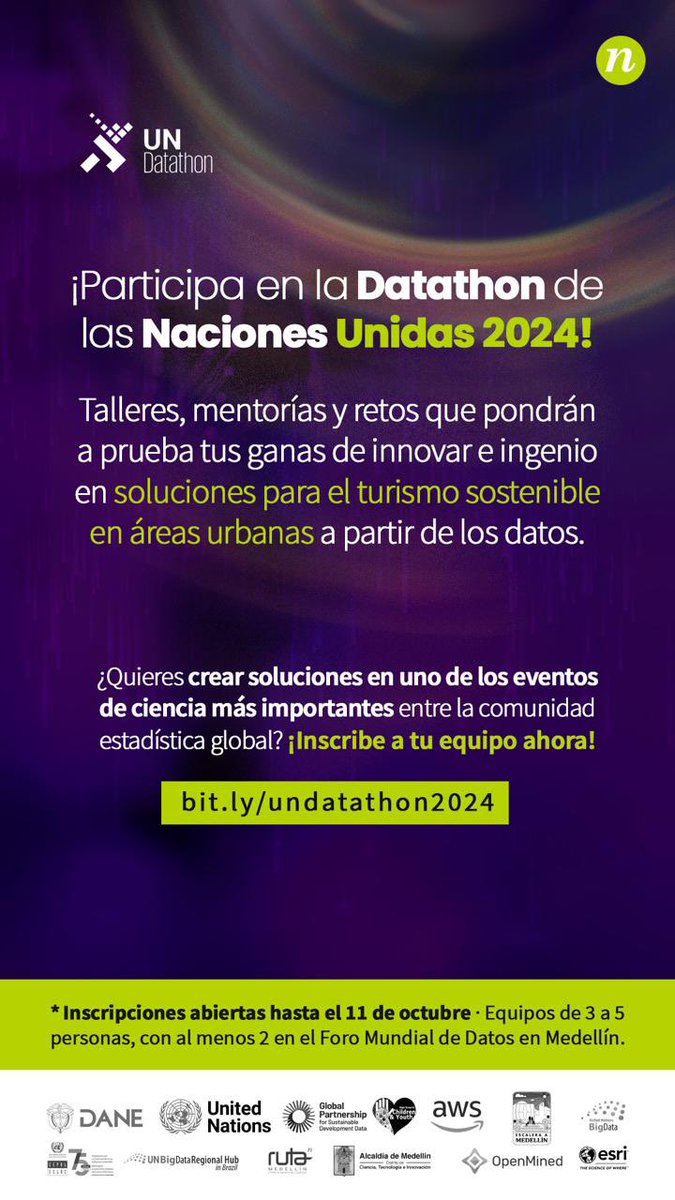 DANE_Colombia's tweet image. #Imperdible 👏🏼 Llega el Datathon de la @ONU_es 2024!
Una oportunidad única para crear soluciones innovadoras con datos. 

📢 El #UNDatathon2024 se realiza en el marco del #VForoMundialDeDatos. @DANE_Colombia 

Participen aquí: bit.ly/undatathon2024