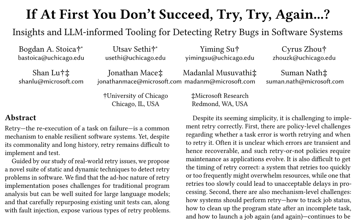 CacheMisses's tweet photo. 1/ We're excited to announce that our paper on finding bugs in retry logic was accepted at SOSP'24! #sosp #sosp24 #sigops #acm https://t.co/XZaWY3s8ZM
