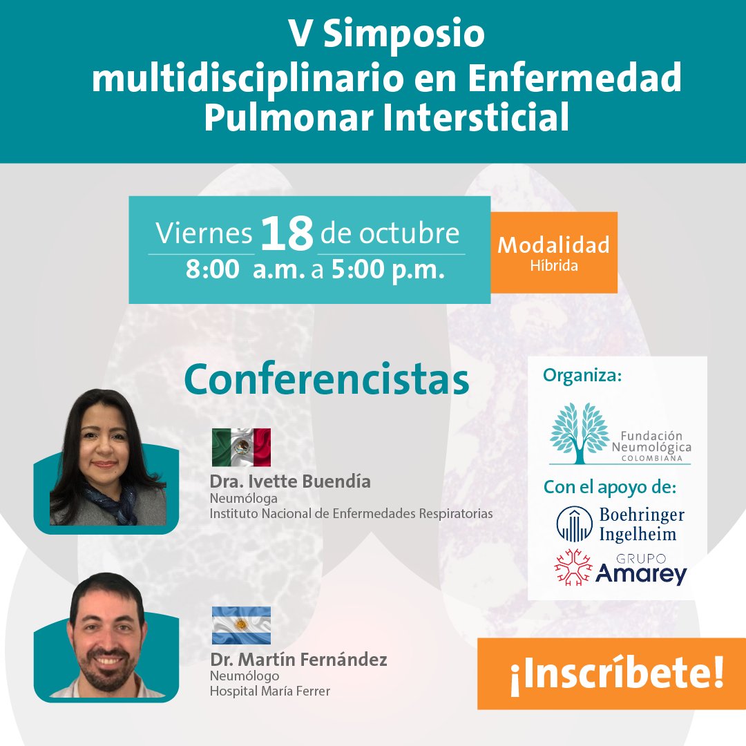 Inscríbete: neumologica.org/v-simposio-int…
Es nuestro V Simposio, en el que podrán ampliar su conocimiento en la enfermedad pulmonar intersticial, con invitación de talla internacional.
