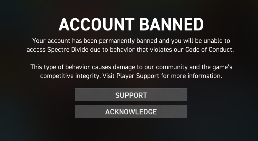 Lightning_Ninj4's tweet photo. Got banned from @SpectreDivide for "cheating".
I wanted to hop on Spectre to have some fun and then I found out I was banned.

I've tried talking to Player Support but they apparently can't help me in any way.

@shroud @itsmountaintop                   1/4 https://t.co/KXwTP7oQNT
