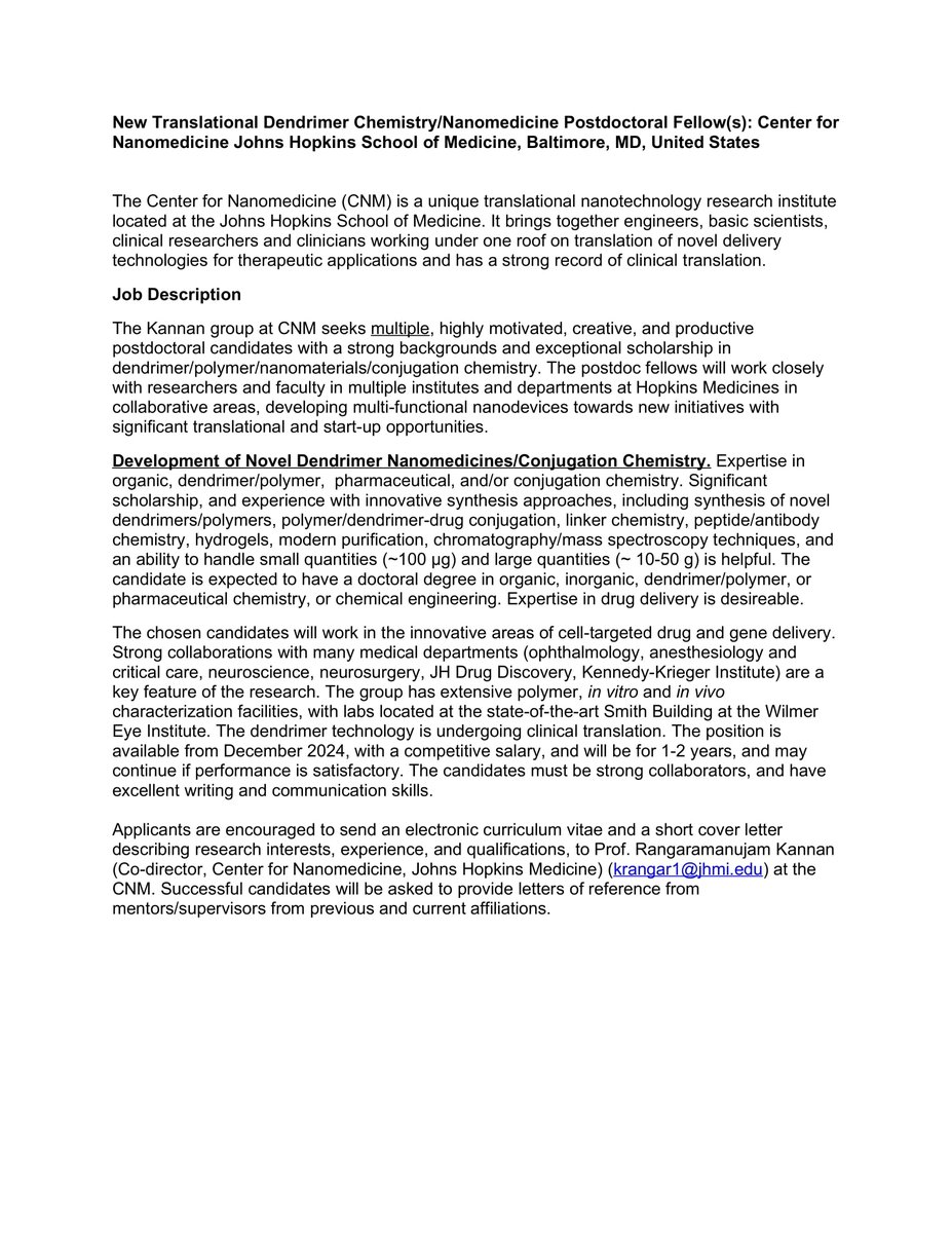 Kannan Rangaramanujam (@kannan_rm_jhu) on Twitter photo New translational dendrimer nanomedicine postdoc position available at Hopkins Medicine, starting now. Seeking candidates with strong dendrimer/polymer chemistry, drug delivery expertise, and scientific curiosity. krangar1@jhmi.edu, see attached. <a href="/HopkinsMedicine/">Johns Hopkins Medicine</a>, <a href="/CRSScience/">Controlled Release Society</a> New translational dendrimer nanomedicine postdoc position available at Hopkins Medicine, starting now. Seeking candidates with strong dendrimer/polymer chemistry, drug delivery expertise, and scientific curiosity. krangar1@jhmi.edu, see attached. <a href="/HopkinsMedicine/">Johns Hopkins Medicine</a>, <a href="/CRSScience/">Controlled Release Society</a>