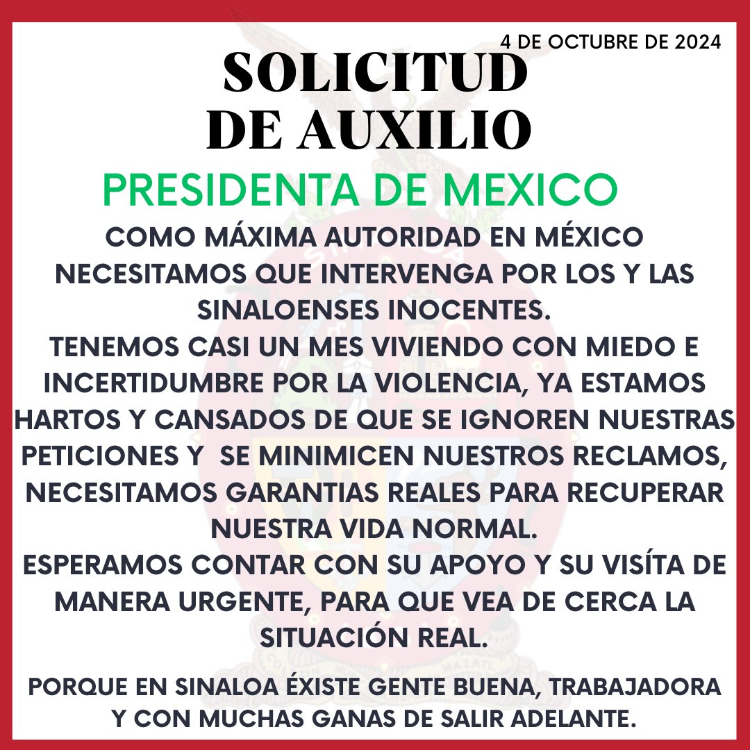 <a href="/Claudiashein/">Claudia Sheinbaum Pardo</a> Cierre de negocios, despido de trabajadores, falta de ventas, no hay clases presenciales, pocos ingresos, secuestros, robo de vehículos, asaltos, muertos a todas horas, indiferencia del gobierno. ESTAMOS ABANDONADOS EN CULIACÁN,SINALOA.
#SCJN <a href="/ONU_derechos/">ONU Derechos Humanos - América del Sur</a> <a href="/CNDH/">CNDH en México</a> <a href="/CNNEE/">CNN en Español</a> <a href="/bbcmundo/">BBC News Mundo</a>