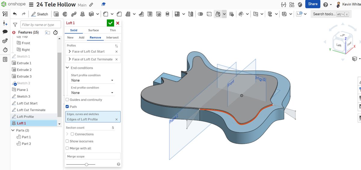Been using <a href="/Onshape/">Onshape by PTC</a> a long time, and I am scratching my head on this one. Tried Loft and Sweep for this little cut and I keep getting a red error on the spline path (is the pathway too dramatic)? Suggestions?