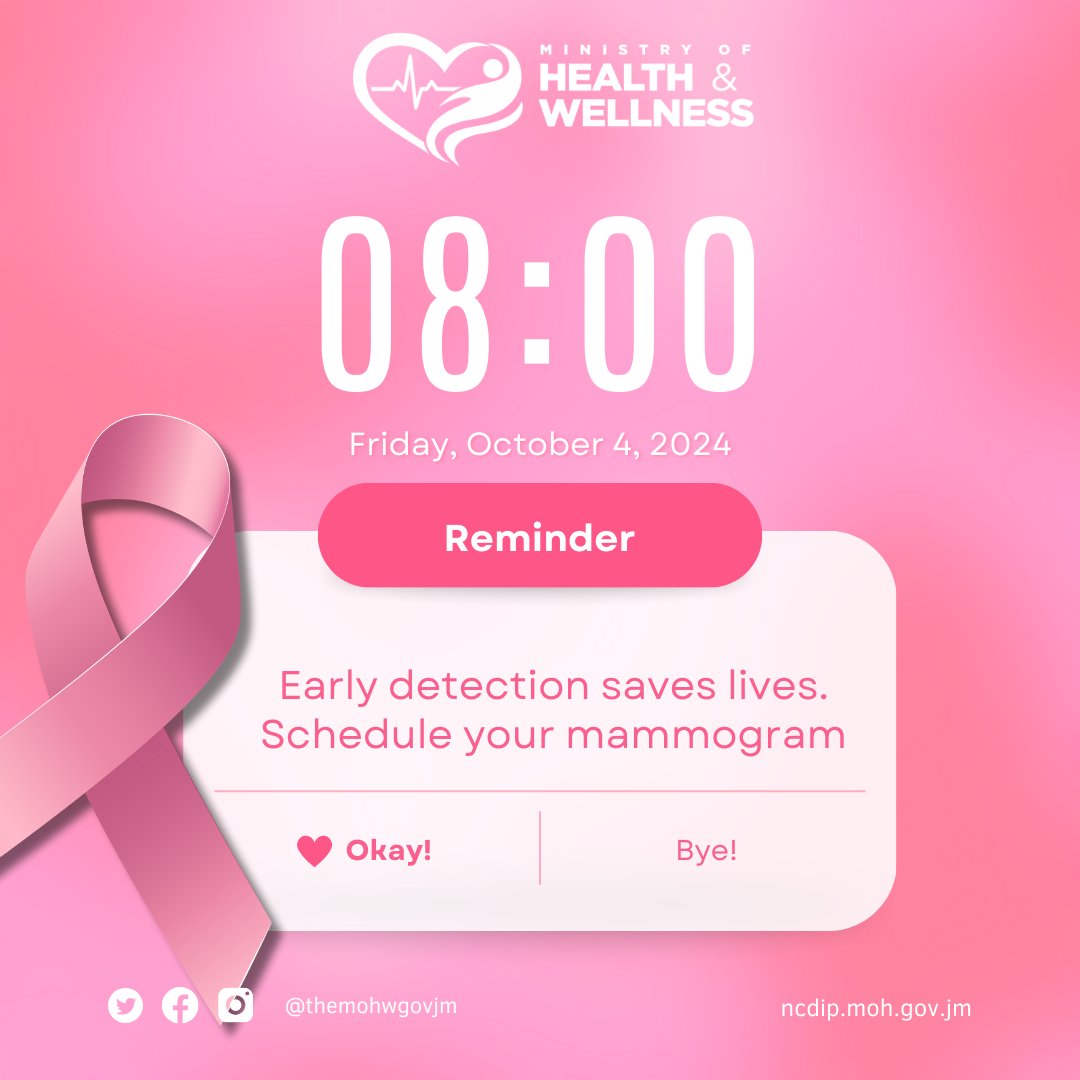themohwgovjm's tweet photo. 🕗 Time for a check! Early detection saves lives. 🎀✨

Mammograms can detect cancer before symptoms show. 🩺

Consider this your reminder to put your health first today. 💪

Don’t wait—early detection makes all the difference! ✅
#BreastCancerAwareness https://t.co/NMR3LRhfL8