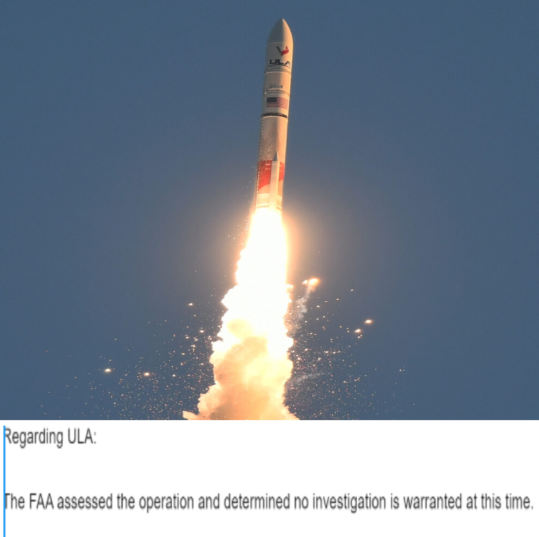WallStreetMav's tweet photo. ULA, a competitor for rocket launches with SpaceX, had a major issue with a solid rocket motor during launch. Within a few hours, the FAA dismisses it completely.

If SpaceX spills drinking water on the launch pad, the FAA requires a 2 month halt and full investigation. 🤨 https://t.co/UzHqI5FAli