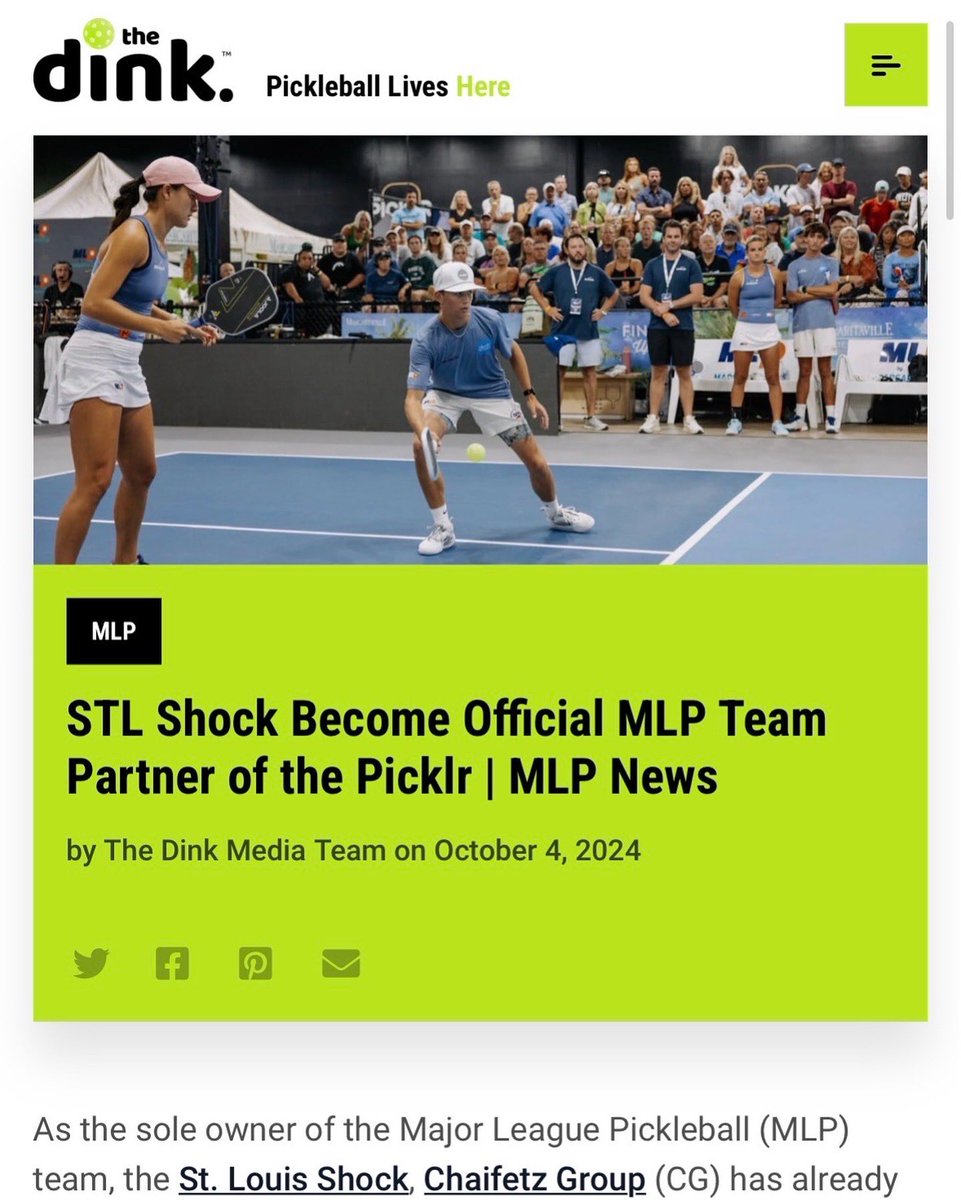 St. Louis Shock® | Major League Pickleball (@stlshockmlp) on Twitter photo We are pleased to announce the news of our strategic investment and partnership with <a href="/thepicklr/">The Picklr</a> . For more info on what this means for the Shock, Chaifetz Group, and The Picklr, please check out the releases at the link in our bio! @majorleaguepb We are pleased to announce the news of our strategic investment and partnership with <a href="/thepicklr/">The Picklr</a> . For more info on what this means for the Shock, Chaifetz Group, and The Picklr, please check out the releases at the link in our bio! @majorleaguepb