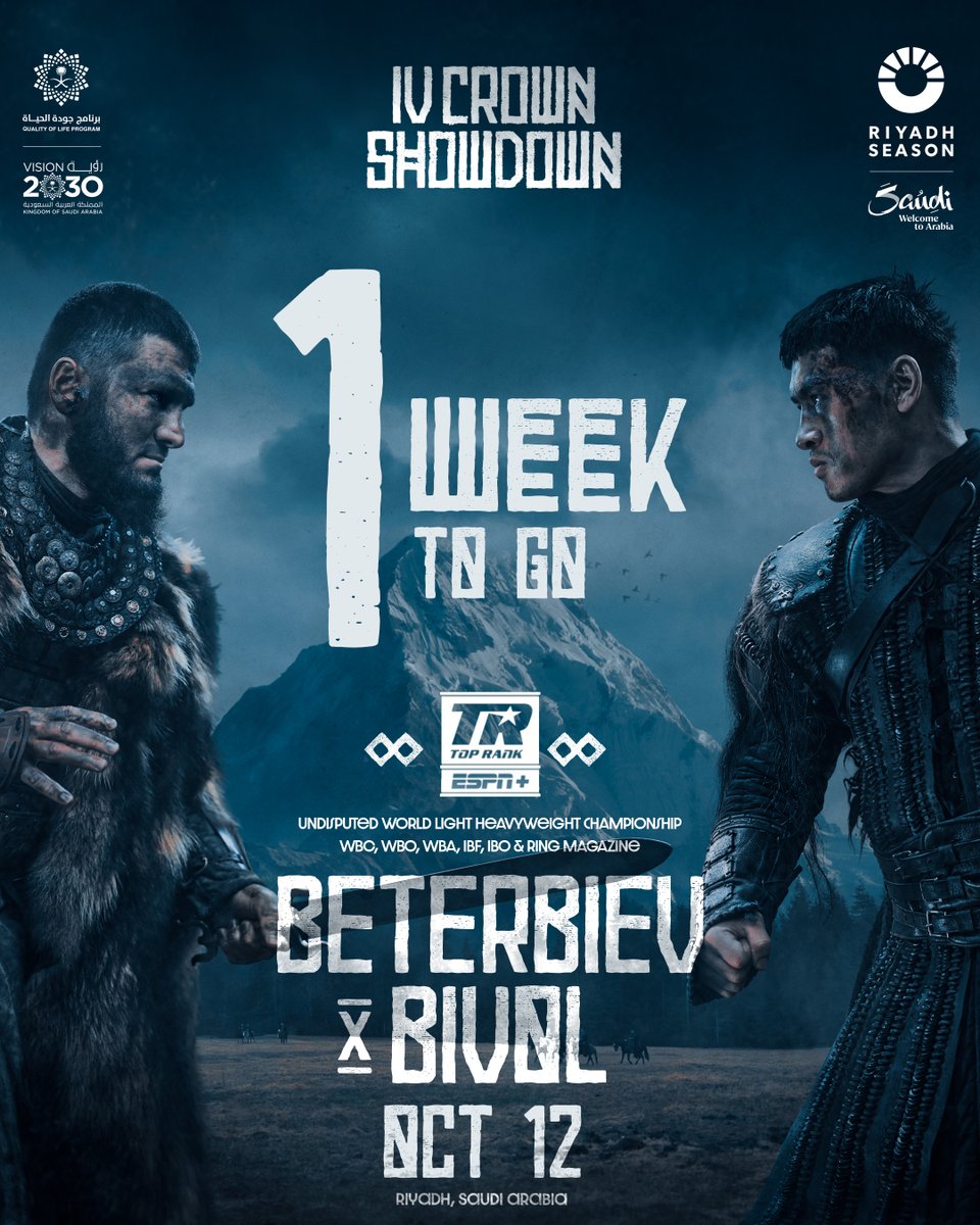FOR THE THRONE. ONE WEEK AWAY 👑

#BeterbievBivol | #RiyadhSeason | OCT 12 6PM ET | <a href="/ESPNPlus/">ESPN+</a>