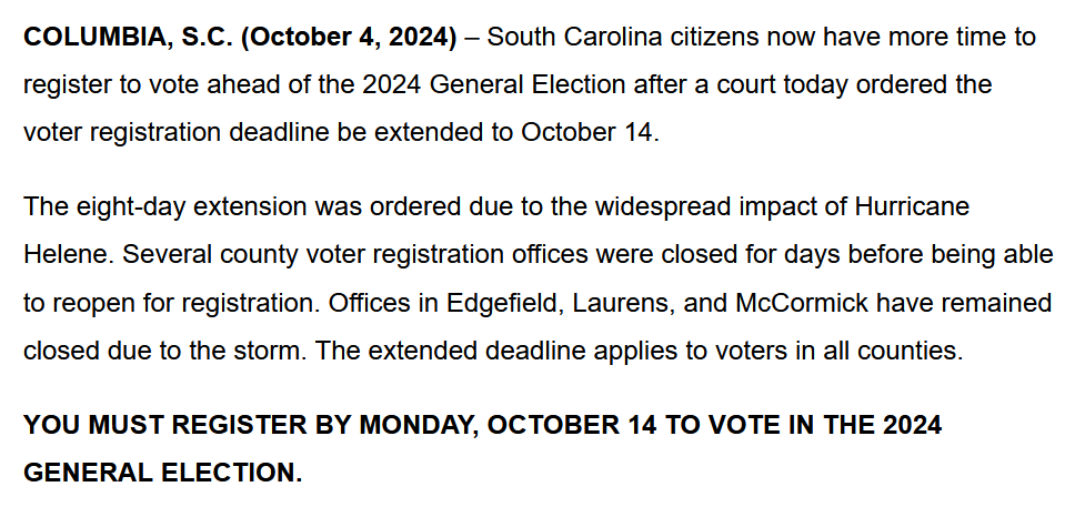 JUST IN: South Carolina’s voter registration deadline for this fall’s election has been officially extended to Oct. 14 by <a href="/scvotes/">SC State Election Commission</a> after a court order due to Hurricane Helene's impact
scvotes.gov/voter-registra…