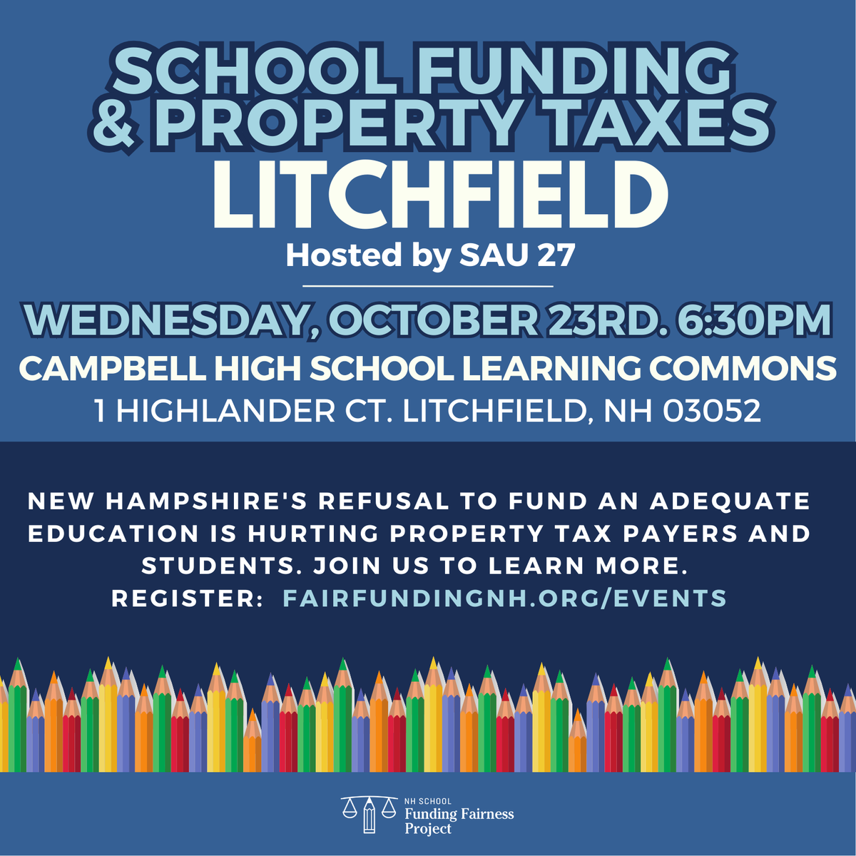 fairfundingnh's tweet image. We're headed to Litchfield! Join us Oct 23 at Campbell High School to learn how State level decisions about school funding affect local districts, their budgets, and their taxpayers and students.
Find more details and register at fairfundingnh.org/events/