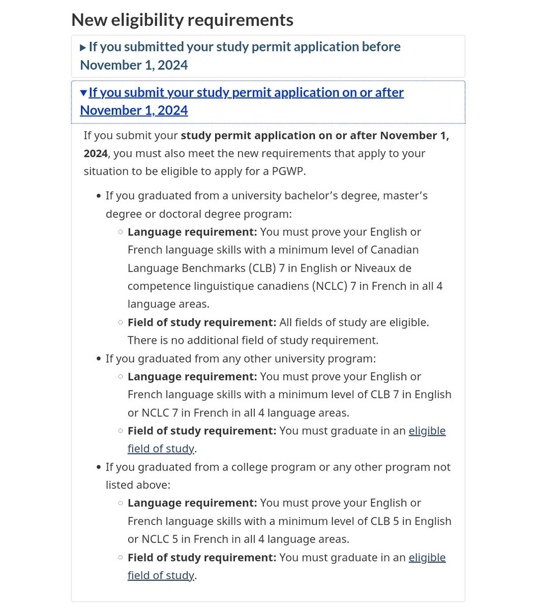 iStudentCanada's tweet image. Effective Nov 1, 2024, international graduates from Canadian colleges will only qualify for a PGWP, if their diploma or certificate is in one of the following fields: agriculture & agri-food, healthcare, STEM, Trade, or transport.