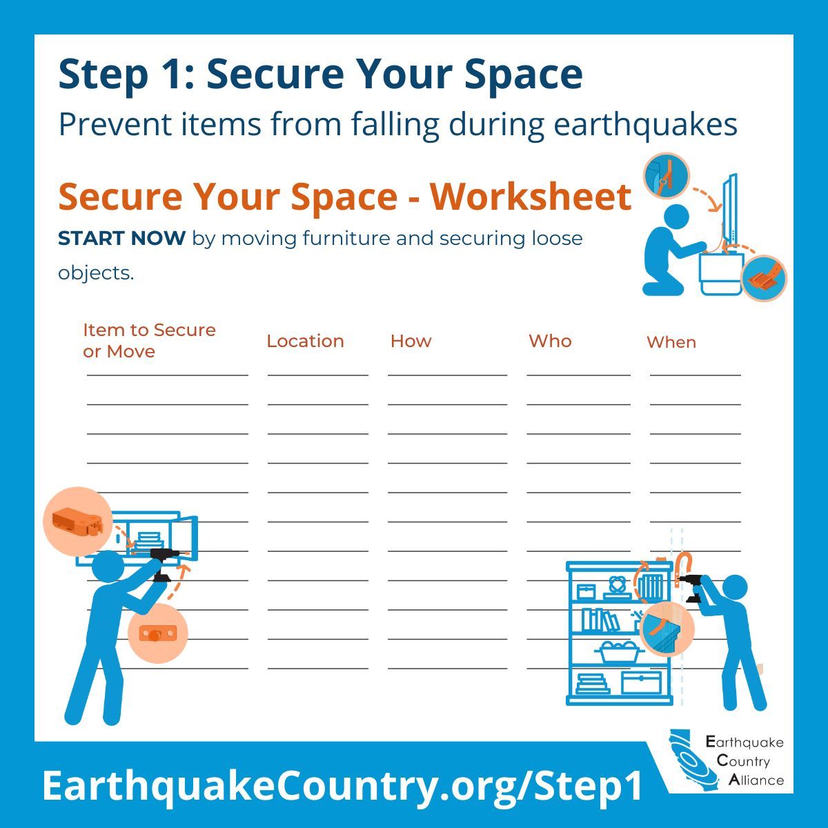 Earthquake Country Alliance (@eca) on Twitter photo Have you taken the Step to Secure Your Space? Using the worksheets at EarthquakeCountry.org/Step1, identify earthquake hazards and map out a plan.
Further instructions for #Step1 of the #SevenSteps to #earthquake #safety can be found at EarthquakeCountry.org/Step1!
<a href="/Cal_OES/">California Governor's Office of Emergency Services</a> @FEMA <a href="/SCEC/">Statewide California Earthquake Center</a> Have you taken the Step to Secure Your Space? Using the worksheets at EarthquakeCountry.org/Step1, identify earthquake hazards and map out a plan.
Further instructions for #Step1 of the #SevenSteps to #earthquake #safety can be found at EarthquakeCountry.org/Step1!
<a href="/Cal_OES/">California Governor's Office of Emergency Services</a> @FEMA <a href="/SCEC/">Statewide California Earthquake Center</a>
