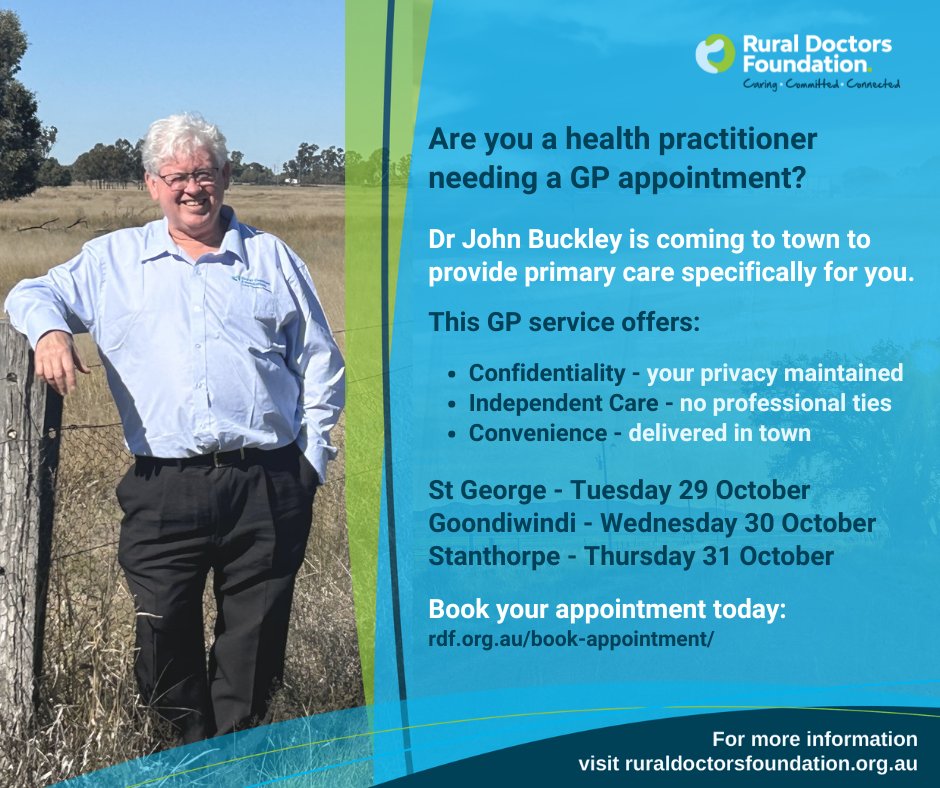 Next up on the clinic schedule: St George, Goondiwindi and Stanthorpe with Dr John Buckley. If you are a health practitioner needing a GP appointment with John, visit rdf.org.au/book-appointme…