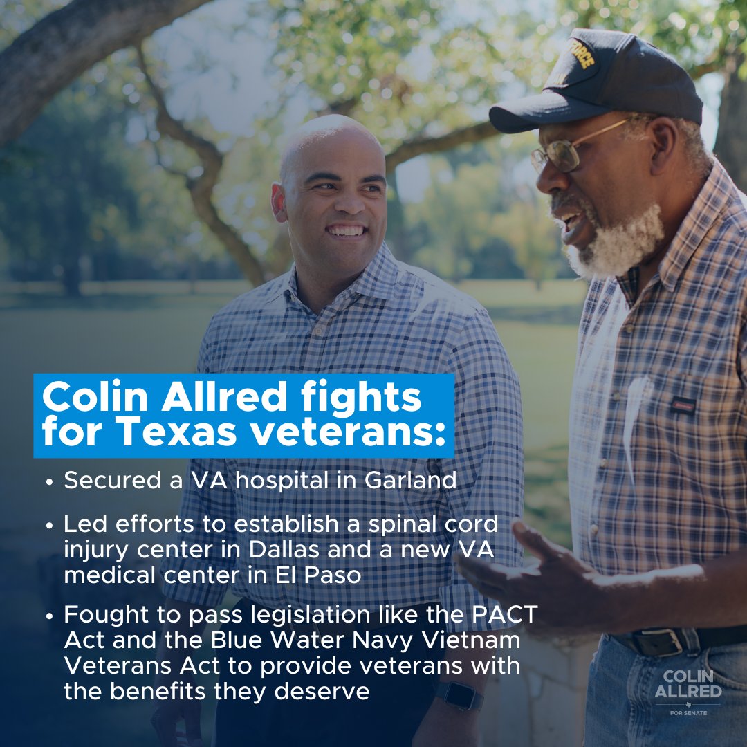 ColinAllredTX's tweet photo. In my time in Congress, I’ve fought to keep our promise to our veterans, securing VA medical facilities and ensuring they get the benefits they earned. Our veterans can always count on me in the Senate. https://t.co/DrWNnshS4s
