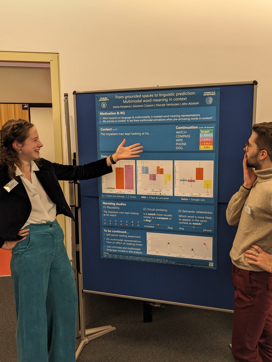 Enthusiastically presenting my first PhD poster on multimodal meaning representations in context at #ESLP2024. Together with Giovanni Cassani, Noortje Venhuizen &amp; Afra Alishahi, we're wondering: does word prediction activate not only linguistic, but also sensory information?