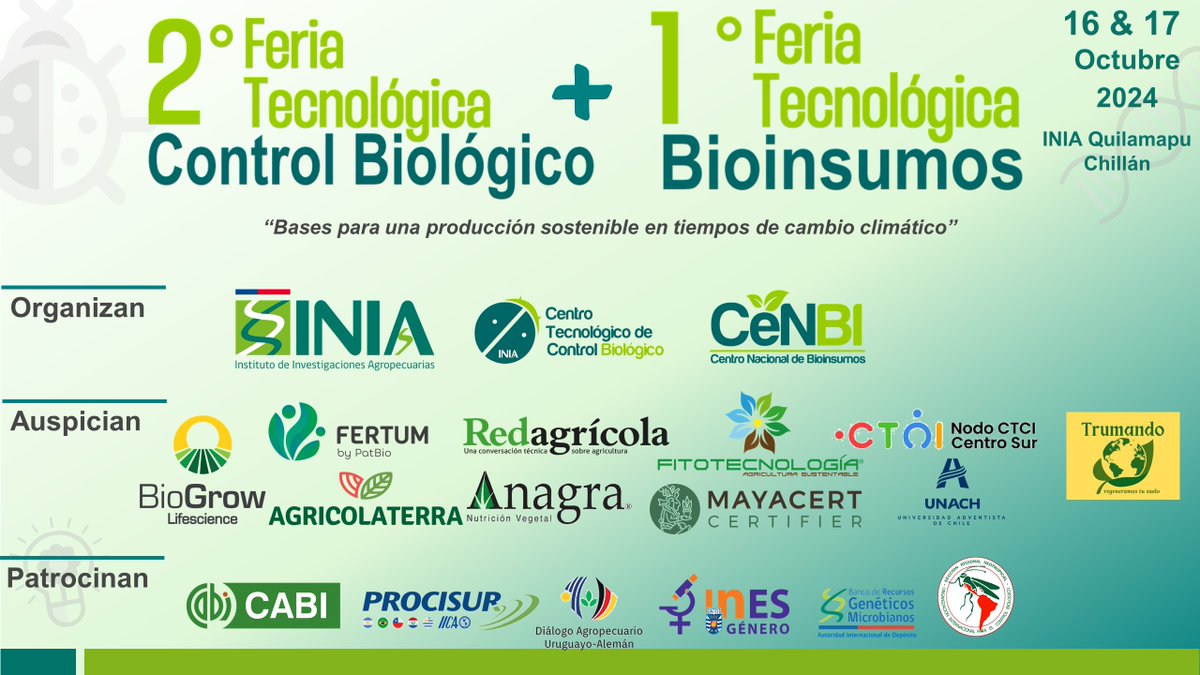 A menos de 2 semanas del inicio de 2ª Feria Tecnológica Control Biológico y 1ª Feria Tecnológica  Bioinsumos, entregamos nuestro agradecimiento a las empresas que se han sumado a este encuentro tecnológico de <a href="/iniachile/">INIA Chile</a> en #Chillán.
Adquiere tu entrada en bioinia.cl