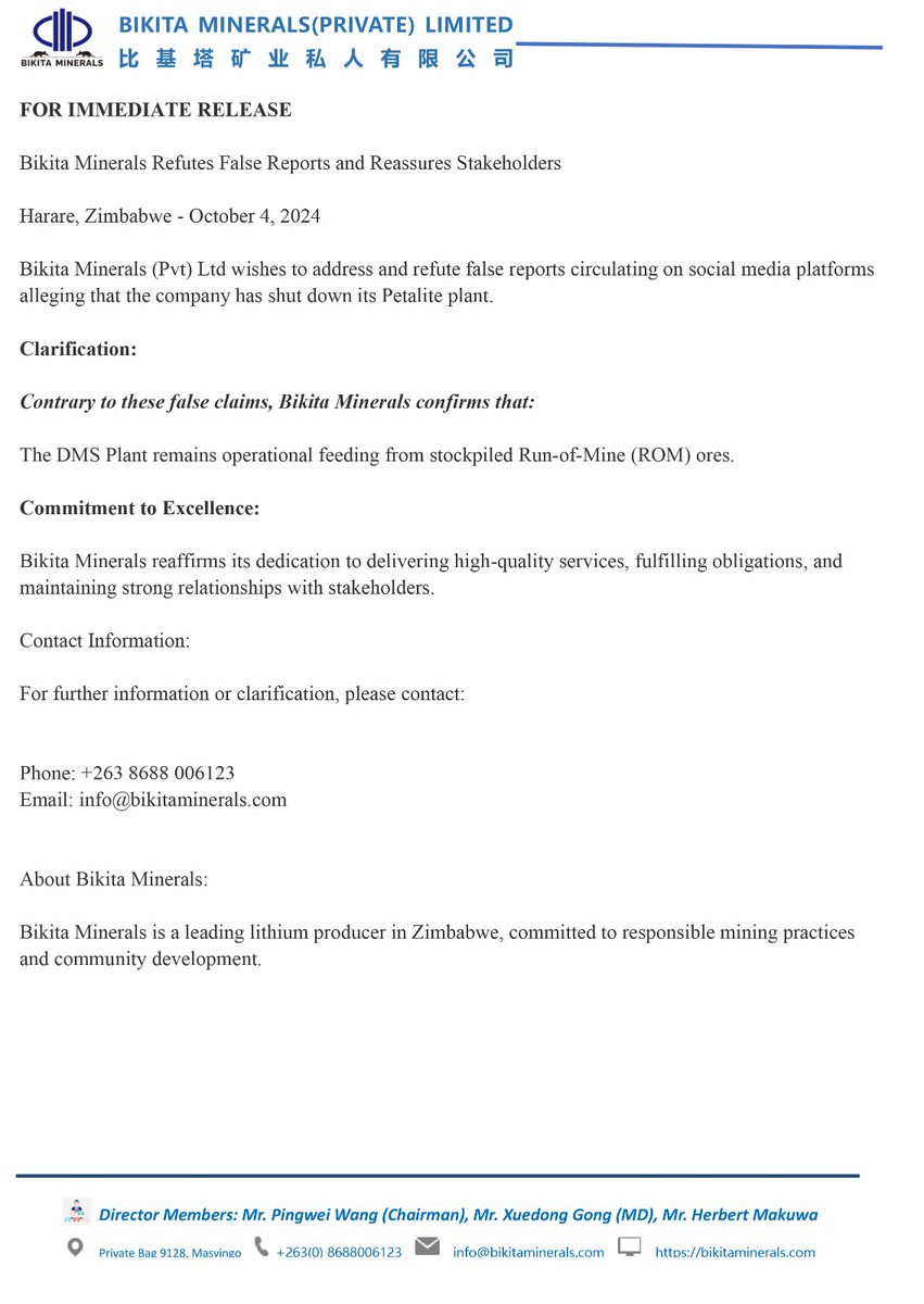 Press Release 04 October 2024
<a href="/Klawry3/">KurundaiLima</a> <a href="/Mining_Zimbabwe/">Mining Zimbabwe</a> <a href="/MinistryMines/">Ministry of Mines and Mining Development, Zimbabwe</a> <a href="/MineNewsAfrica/">Mining News in Africa</a> <a href="/zim_china/">Zim-China Friends Forever</a> <a href="/ZIAMU3/">ZIAMU</a> <a href="/KMutisi/">𝑲𝒖𝒅𝒛𝒂𝒊 𝑴𝒖𝒕𝒊𝒔𝒊</a> <a href="/ZBCNewsonline/">ZBC News Online</a> <a href="/ChineseZimbabwe/">Chinese Embassy in Zimbabwe</a> <a href="/ParliamentZim/">Parliament of Zimbabwe</a>
