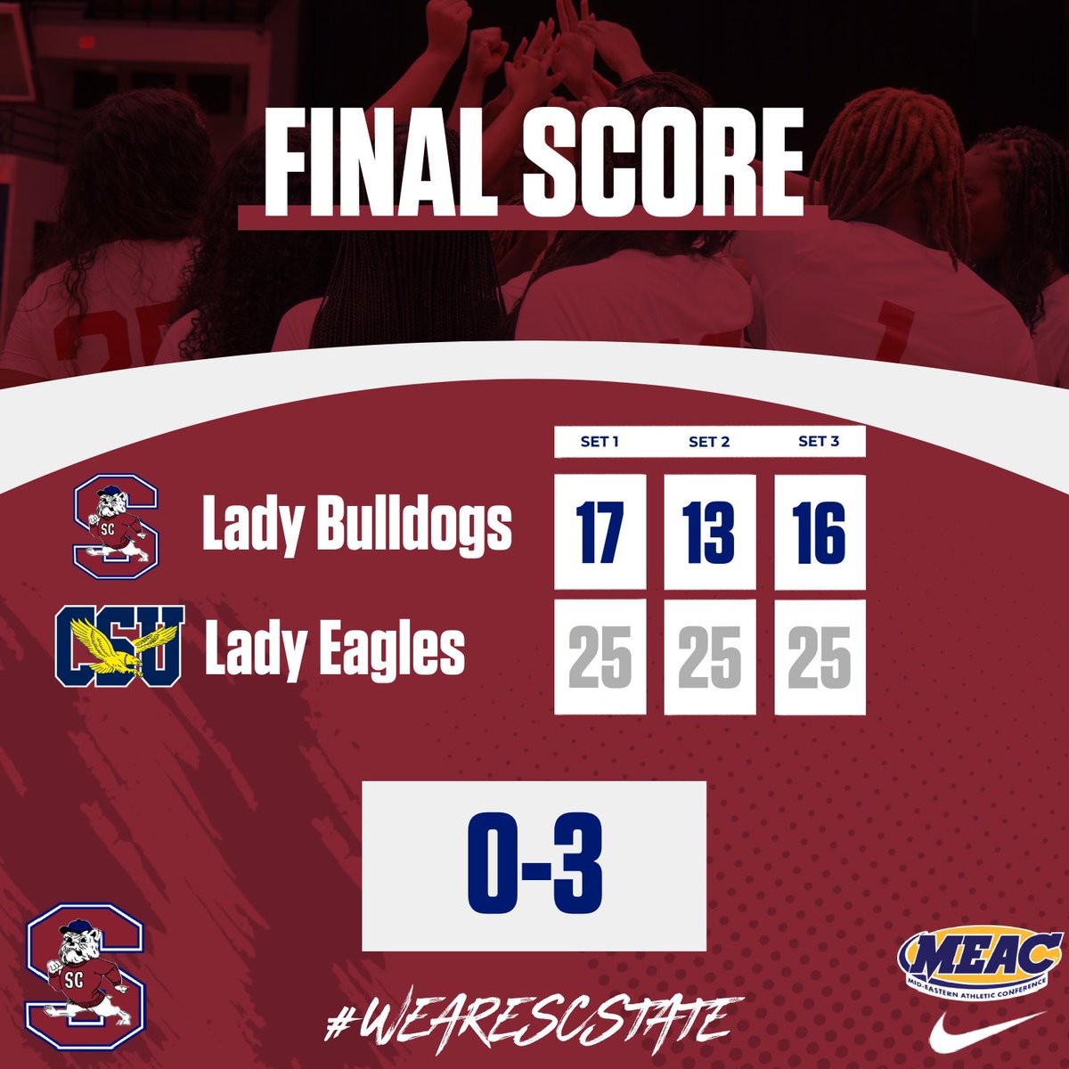 𝐅𝐢𝐧𝐚𝐥.

Lady Bulldogs fell in today’s match against Coppin State, they return to action Sunday at 11 AM to take on the Lady Bears of Morgan State. 💙❤️

#SCSU | #WeAreSCState | #BulldogTenacity 🐶