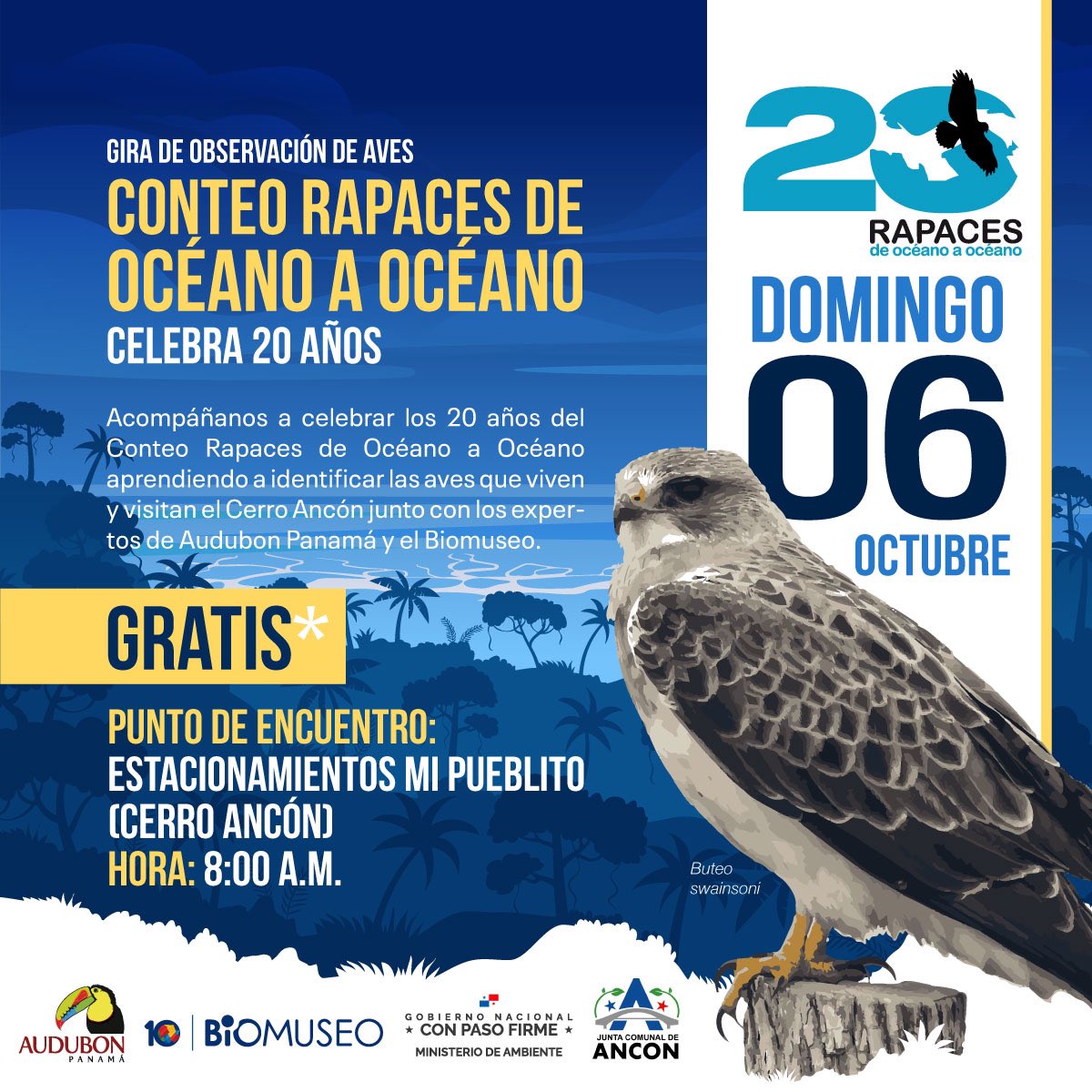 ¡A CELEBRAR! Acompáñanos el domingo 6 de octubre en la celebración de los 20 años del Conteo Rapaces de Océano a Océano.

HORA: 8:00 a.m.
PUNTO DE ENCUENTRO: Área de estacionamientos de Mi Pueblito (Cerro Ancón)
¿QUÉ LLEVAR?: Agua, ropa / calzados cómodos, gorra