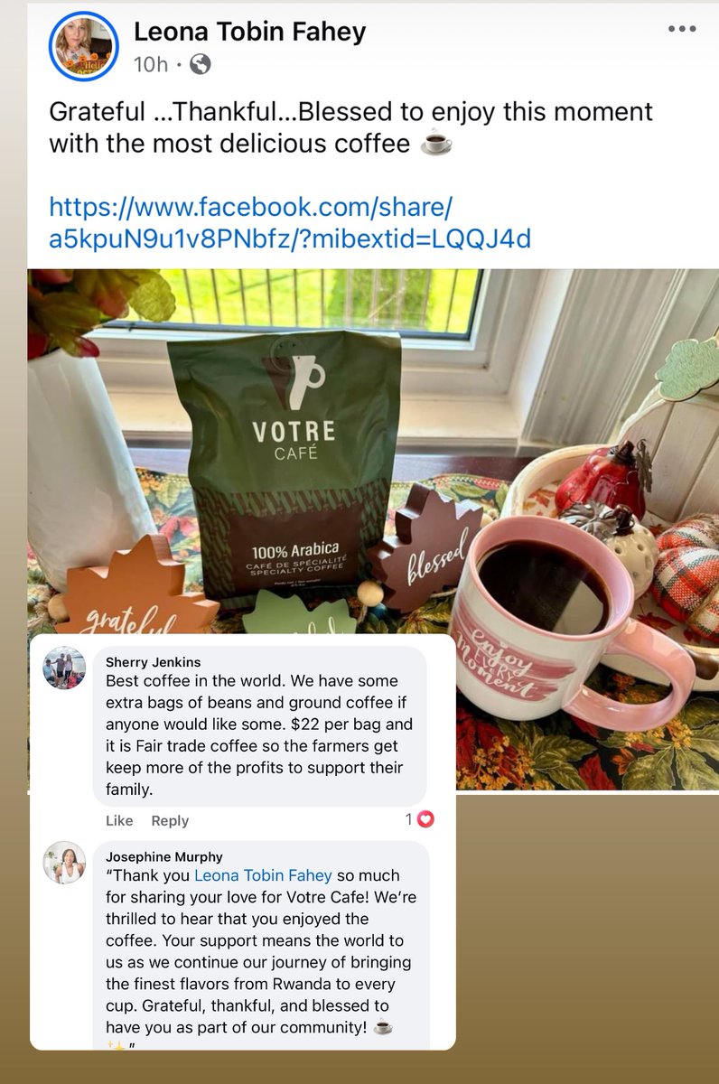 “Thank you so much Leona Tobin Fahey for sharing your love for Votre Cafe! 

We’re thrilled to hear that you enjoyed the coffee. 

Your support means the world to us as we continue our journey of bringing the finest flavors from Rwanda to every cup. Also supporting real families