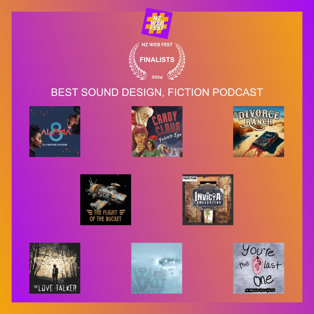 Congrats, finalists!
BEST SOUND DESIGN, FICTION PODCAST

@alpha8audio
Candy Claus, Private Eye
Divorce Ranch
The Flight of the Bucket
The Invicta Collective from <a href="/InvictumDigital/">Invictum Digital</a>
The Love Talker
@whitevault Goshawk
You're the Last One

🎧🤞🌟🤞🎧
#audiofictionworldcup #podcast
