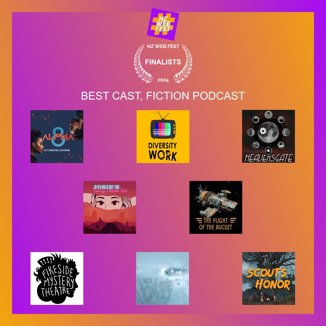 Good luck to our nominees for BEST CAST, SERIES FICTION PODCAST

@alpha8audio
Diversity Work
Homicide at Heavensgate by <a href="/SentinelStories/">Sentinel Studios</a>
Josie's Lonely Hearts Club
The Flight of the Bucket
The Grave of Midnight Mary
@whitevault Goshawk
@werealive Scout's Honor

🎧🤞🌟🤞🎧