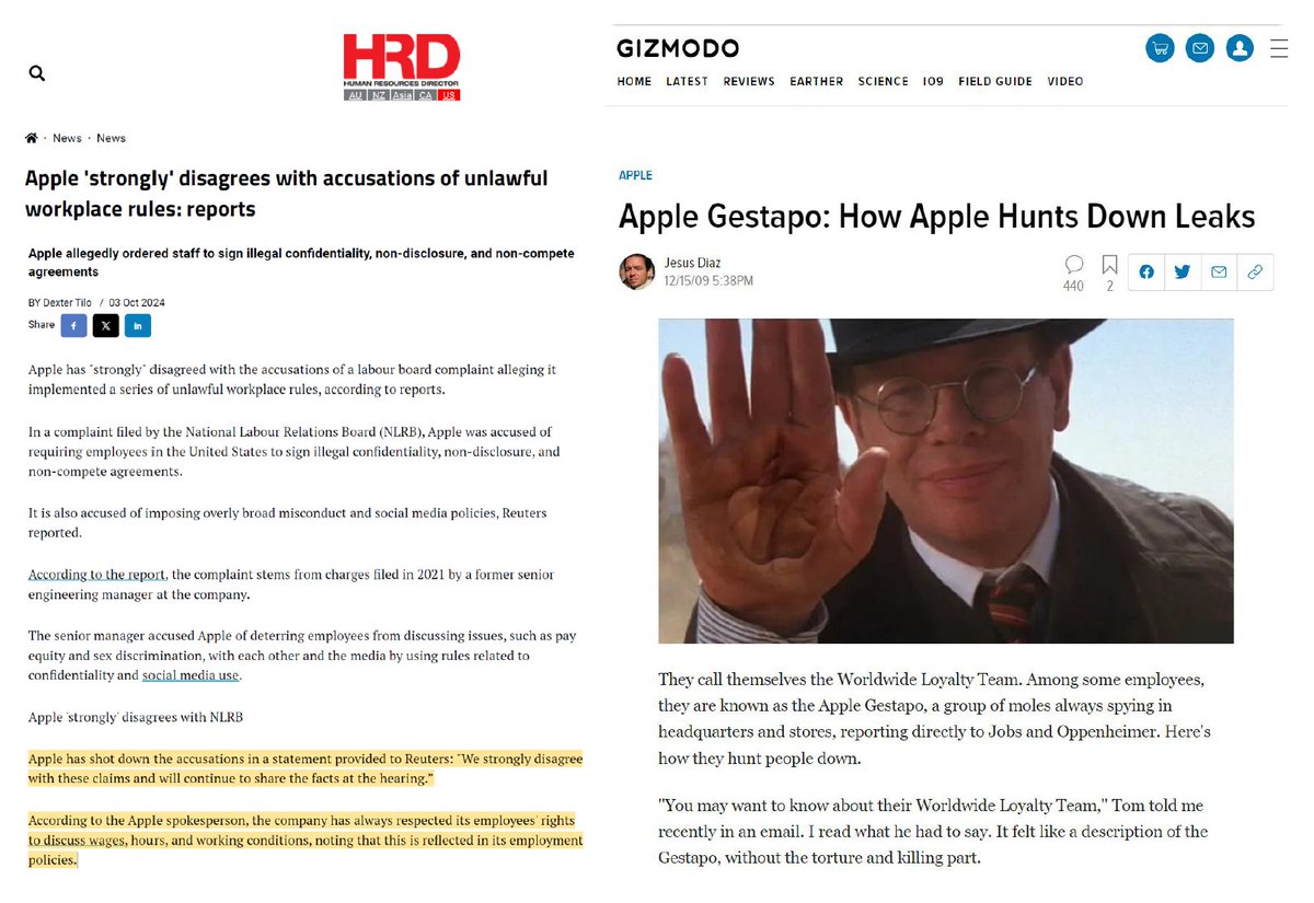 Apple's whining about the NLRB case over their NDAs - pretending like NLRB &amp; I are bullying them with lies about their work policies. Apple's claiming they've always been an open &amp; supportive company, &amp; never censor employees. (see left). Also Apple... (see article on the right).