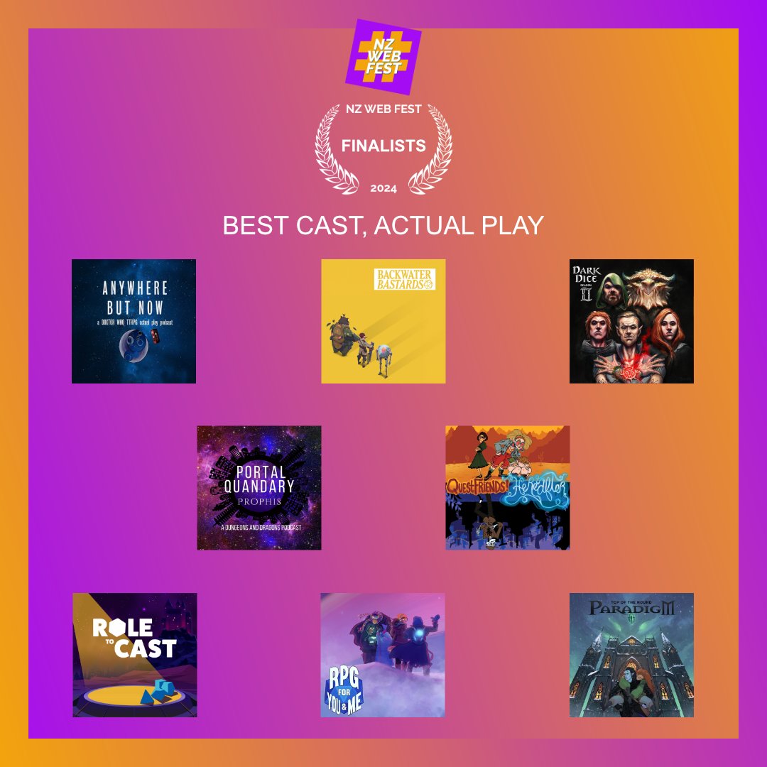 Good luck to all the nominees for our BEST CAST, ACTUAL PLAY award!

Anywhere But Now
<a href="/bwbastards/">BACKWATER BASTARDS: 🚀 an ENNIE nominated podcast</a>
@darkdicepod
Portal Quandary
<a href="/Quest_Friends/">Quest Friends!</a>
<a href="/roletocast/">Role To Cast</a>
RPG for You and Me by @youseethehat
Top of the Round: Paradigm by <a href="/TotRcast/">Top of the Round: Paradigm</a>

🎧🤞🌟🤞🎧
#audiofictionworldcup #podcast
