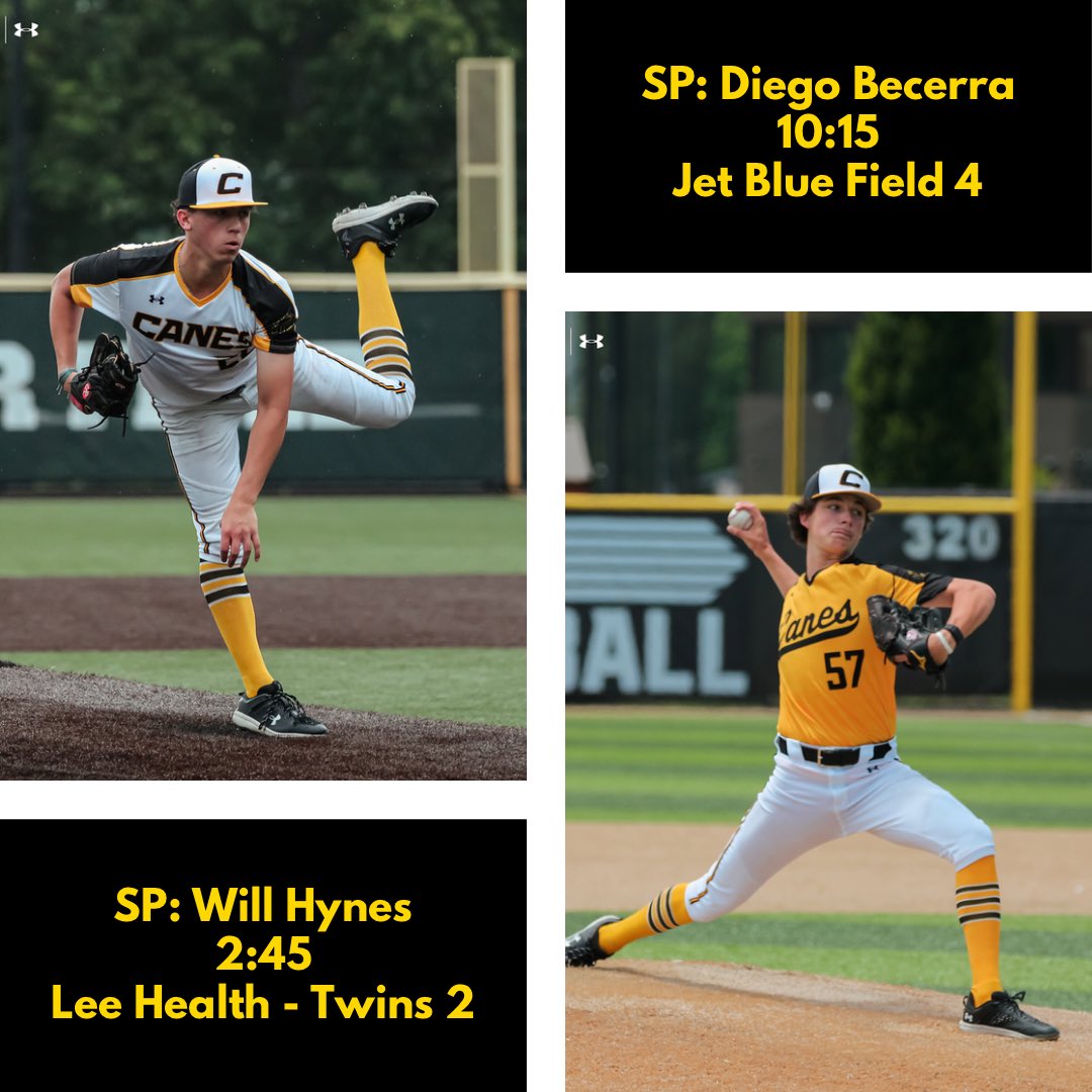 Cory Welch (@coachcorywelch) on Twitter photo DH day for <a href="/TheCanesBB/">Canes Baseball</a> โ26 National tomorrow!
Game 1: Uncommitted <a href="/DiegoBecerra_22/">Diego Becerra</a> (LHP) 10:15
Game 2: Wake Forest commit <a href="/WillHynes8/">Will Hynes</a> (RHP) 2:45
<a href="/TheCanesBB/">Canes Baseball</a> <a href="/PG_Scouting/">Perfect Game Scout</a>
#thecanes DH day for <a href="/TheCanesBB/">Canes Baseball</a> โ26 National tomorrow!
Game 1: Uncommitted <a href="/DiegoBecerra_22/">Diego Becerra</a> (LHP) 10:15
Game 2: Wake Forest commit <a href="/WillHynes8/">Will Hynes</a> (RHP) 2:45
<a href="/TheCanesBB/">Canes Baseball</a> <a href="/PG_Scouting/">Perfect Game Scout</a>
#thecanes