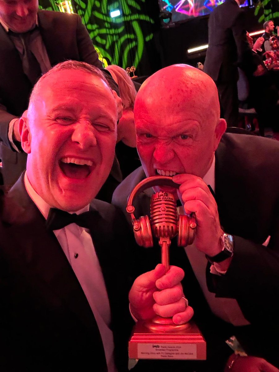 JimMcCabeFM's tweet image. Maybe my favourite one of them all . . . Best mate, Best Breakfast Show, Best night . . . #IMRO24 @radionova100 @pjgallagher @ClintDrieberg 🏆