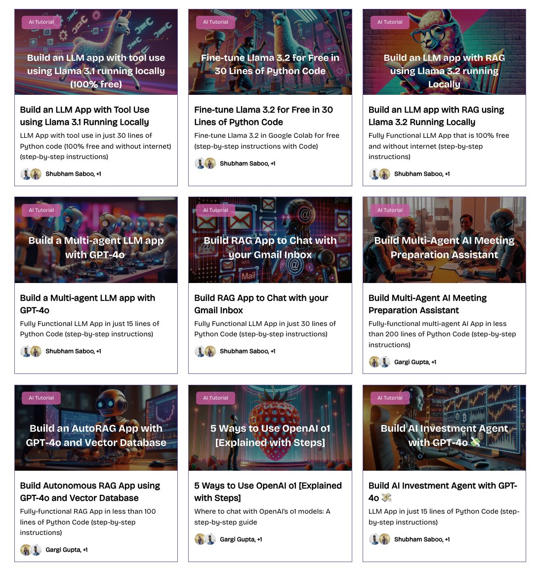 Awesome LLM Apps with RAG and AI Agents

Step-by-step AI tutorials with code.

100% free and opensource.