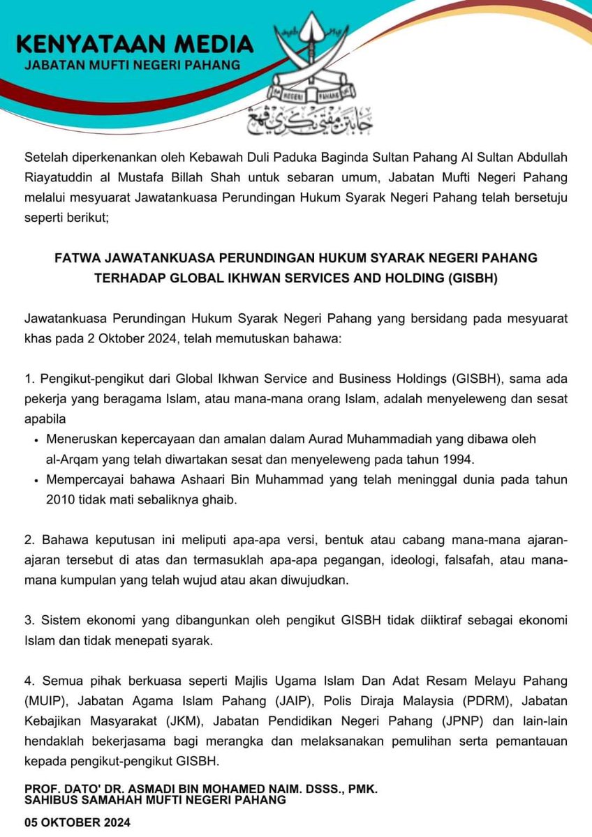 JatIkhwan's tweet photo. Pahang jadi negeri terbaru yang fatwakan GISBH dan anutan Aurad Muhamadiyah adalah sesat dan menyeleweng daripada ajaran Islam dan Ahli Sunnah Wal Jamaah. https://t.co/ebTzuYhSyc
