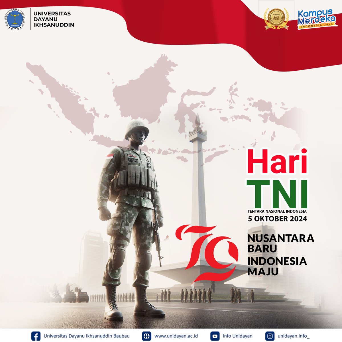 unidayan_'s tweet photo. "Dirgahayu ke-79 Tentara Nasional Indonesia!
🇮🇩✨ Semoga TNI semakin kuat 💪, profesional ⚔️, dan selalu menjadi garda terdepan dalam menjaga kedaulatan bangsa serta keutuhan NKRI. ❤️🙏. Jayalah selalu TNI! ✊🔥 #TNI79 #DirgahayuTNI #IndonesiaTangguh #NKRIHargaMati" https://t.co/9QrzWSza8G