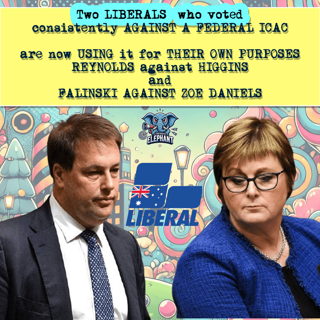 TheNoisyTrunk's tweet photo. Q: What do #JasonFalinski and #LindaReynolds have in common, aside from being Liberal Party failures with a track record of incompetence?
A: THEY BOTH voted consistently AGAINST a federal ICAC and are BOTH now using the #NACC for their own personal ends as a political weapon:
Linda Reynolds against #BrittanyHiggins, AND
Jason Falinski against #ZoeDaniels
Fucking hypocrites.